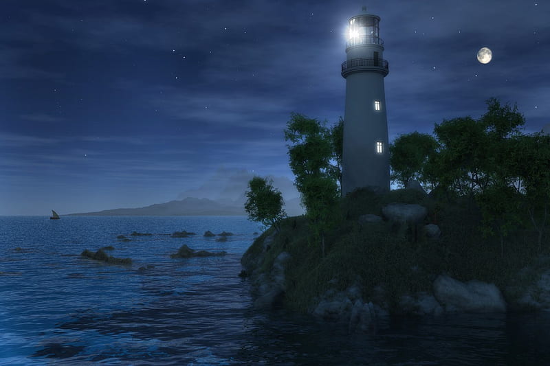 LIGHTHOUSE NIGHT, stars, moon, ocean, clouds, sky, lighthouse, night, HD wallpaper