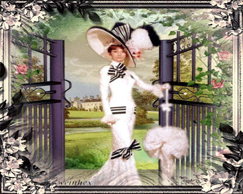 old fashion, retro, gate, garden, framed, fashion, woman, hat, HD wallpaper