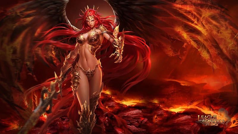 League of Angels - Mikaela 1920x1080, League of Angels, video game, game, hell, wing, volcano, browser game, mmorpg, purgatory, female, angel, sexy, rpg, fire, girl, fantasy girl, GTArcade, HD wallpaper