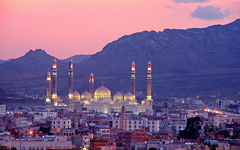 Cities, Sana'a, Al Saleh Mosque, Building, Mountain, Panorama, Sunset, Yemen, HD wallpaper