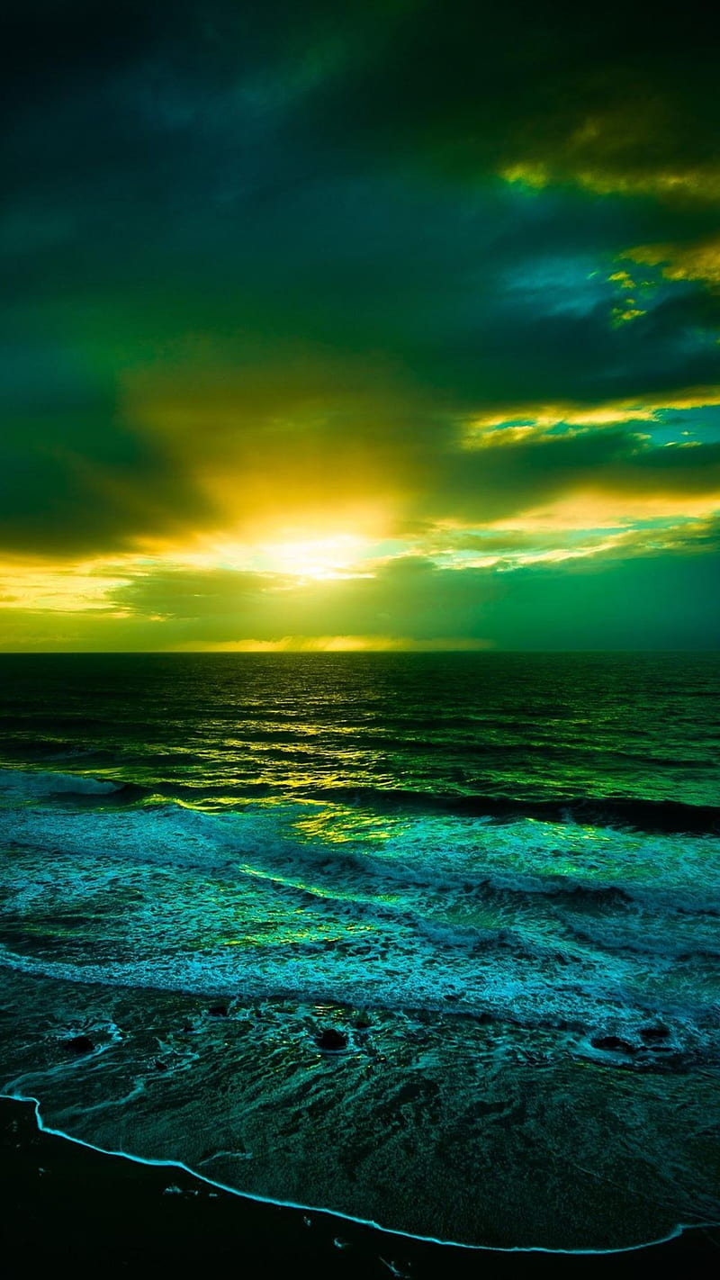 Green, beach, nature, night, sea, HD phone wallpaper