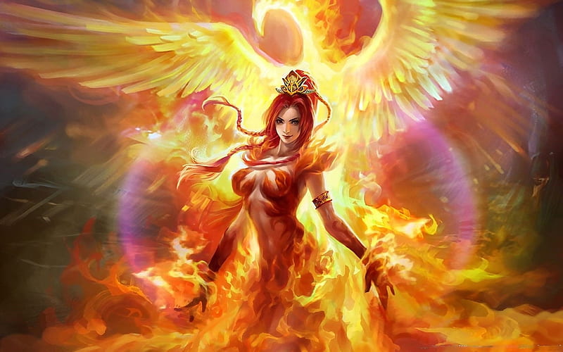 Phoenix Flame Girl, art, fire, wings, angel, digital, HD wallpaper