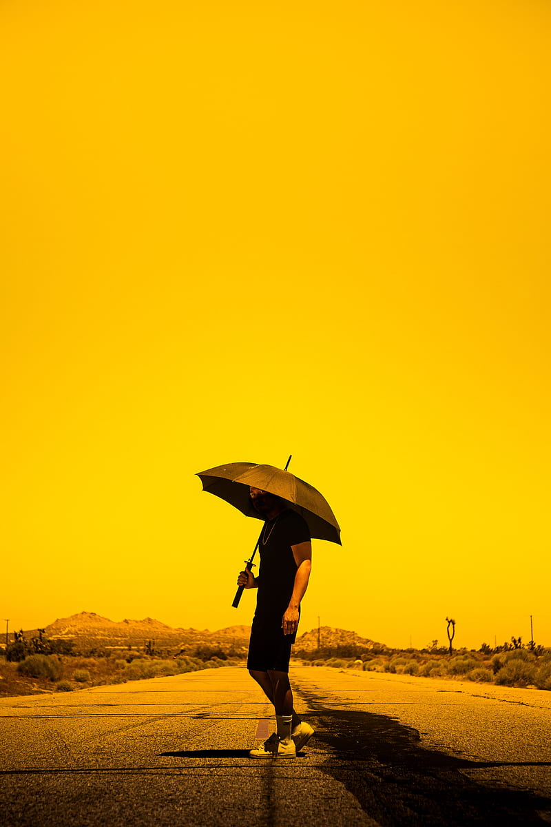 man, person, umbrella, road, sunset, HD phone wallpaper
