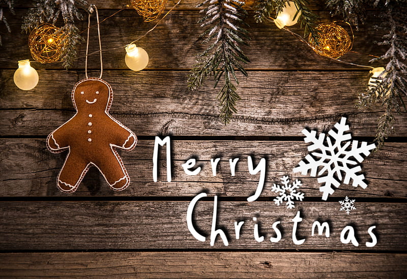 Merry Christmas, cute, snowflake, holidays, chrsitmas, gingerbread man, winter, HD wallpaper