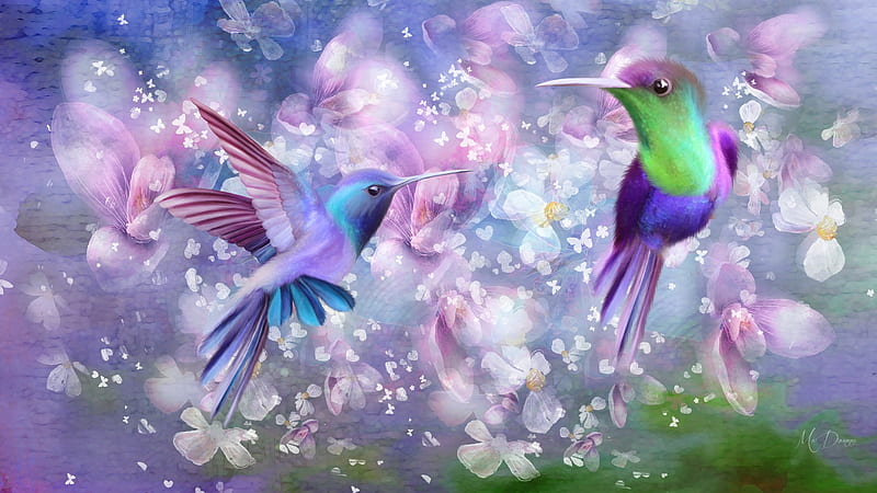 Hummingbirds Bright, hummingbirds, soft, lavender, delicate, floral, flowers, hummers, pink, Firefox Persona theme, HD wallpaper