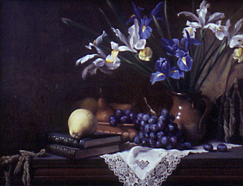 Colour Purple, table, doily, pear, books, lace, vase, grapes, purple, flowers, stoneware, iris, HD wallpaper