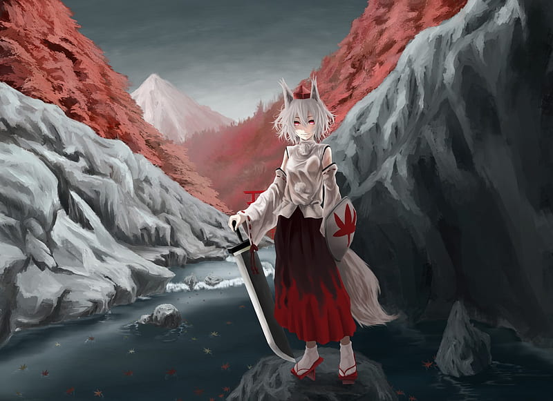 Inubashiri Momiji, female, scenic, anime, wolf girl, touhou, game, sword, HD wallpaper