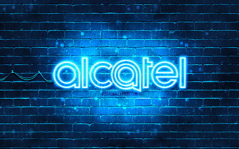 Alcatel blue logo, , blue brickwall, Alcatel logo, brands, Alcatel neon logo, Alcatel, HD wallpaper