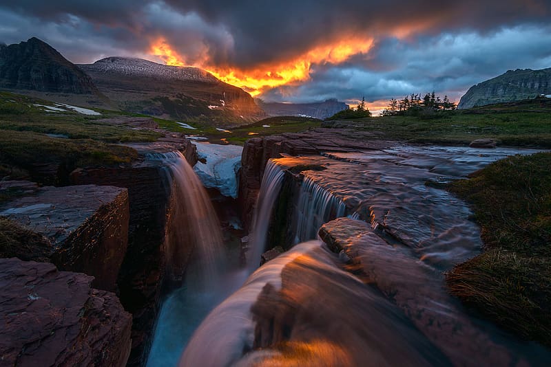 Nature, Waterfall, Sunrise, , Glow, Storm, National Park, Montana, Glacier National Park, HD wallpaper