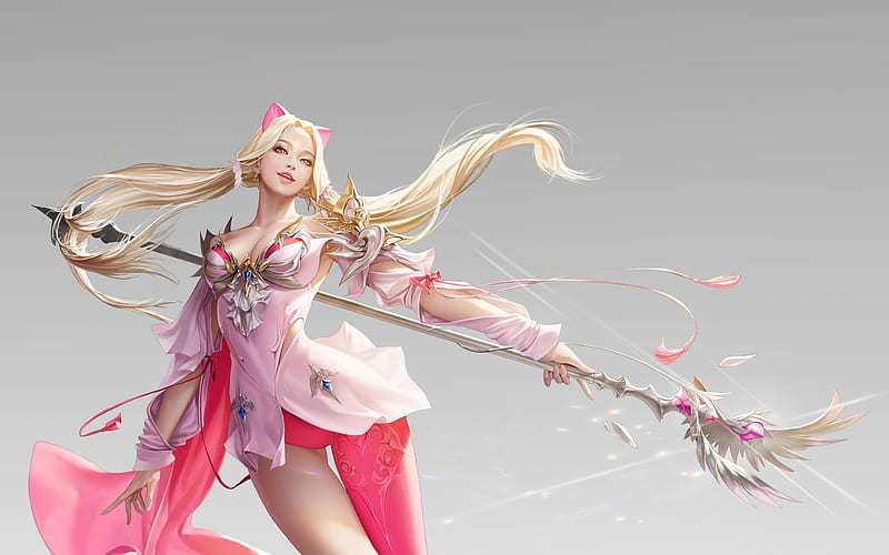 Fantasy girl, frumusete, fantasy, luminos, girl, taekwon kim arang, blonde, pisici, pink, cat, HD wallpaper