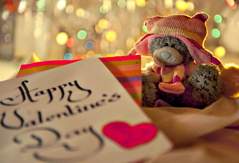 Happy Valentine's Day!, glitter, toy, dragobete, valentine, happy, love, heart, day, teddy bear, pink, HD wallpaper