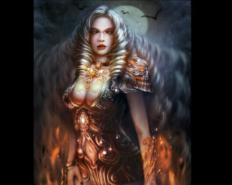 Vampire Lady, fire, gold tattoos, bats, vampire, storm, woman, HD wallpaper
