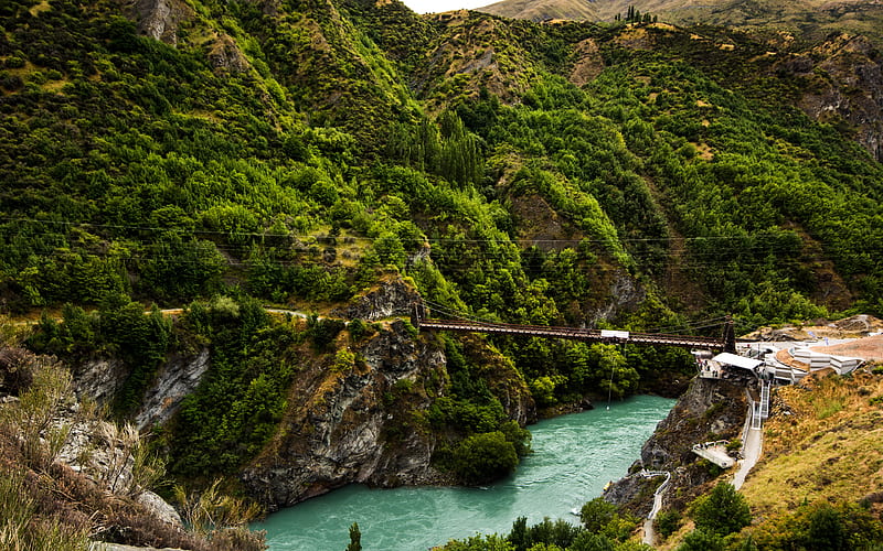 New Zealand suspension bridge, mountains, river, HD wallpaper