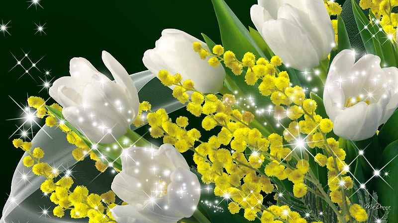 Tulips and Mimosa, bouquet, fragrant, summer, flowers, flower, spring, tulips, mimosa, HD wallpaper