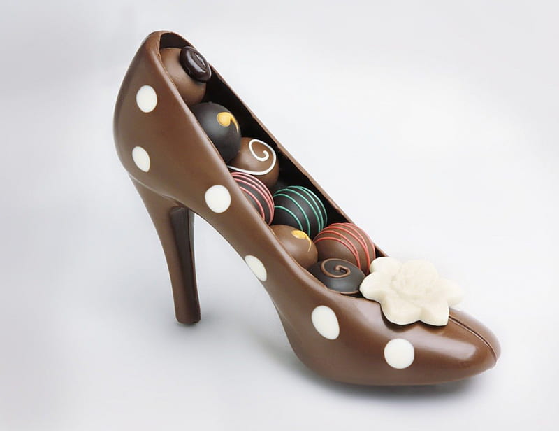 Chocolate shoe , brown, sweets, food, chocolate, easter, spring, dessert, cute, egg, flower, shoe, white, HD wallpaper