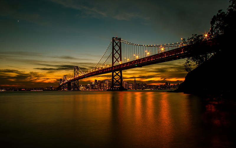 San Francisco, Bay Bridge, evening, sunset, San Francisco-Oakland Bay Bridge, California, skyscrapers, San Francisco cityscape, skyline, USA, HD wallpaper