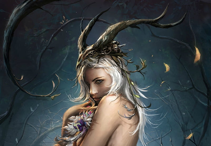 Forest fairy, forest, art, luminos, horns, demon, fantasy, flower, white, fairy, blue, HD wallpaper