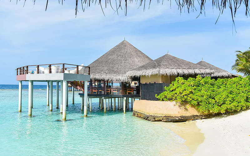 tropical island, luxury hotel, bungalow, ocean, summer, blue lagoon, HD wallpaper