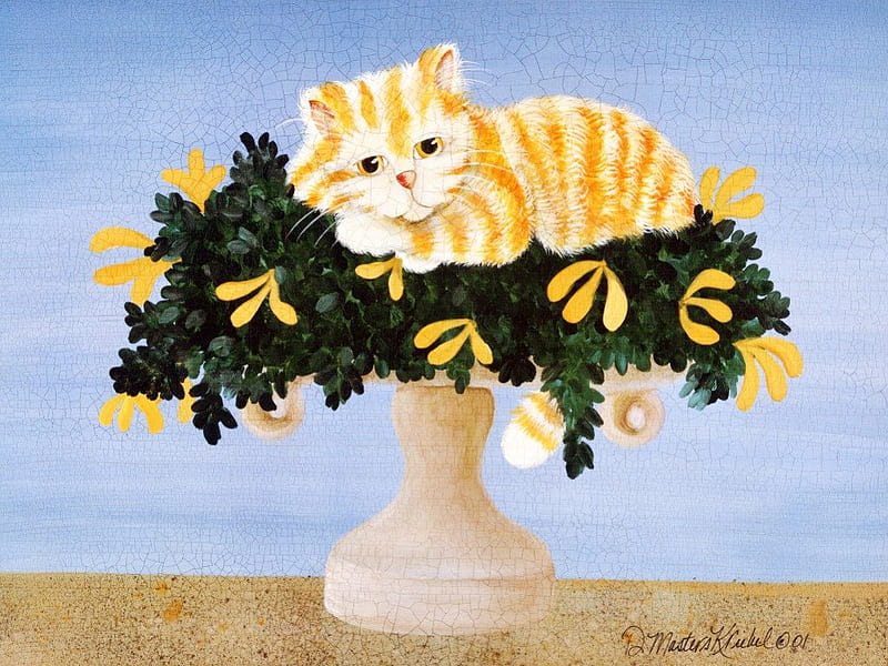 CUTE CAT TO RELAX, pretty, bloom, paintings animals, pot, adorable, digital art, leaves, paintings, stripe, love, flowers, jardiniere, florals, squat, animals, art, lovely, relax, kittens, flowerpot, cat, cute, Kriebel, whiskers, striped tail, wrinkles, funny, nature, cats, HD wallpaper