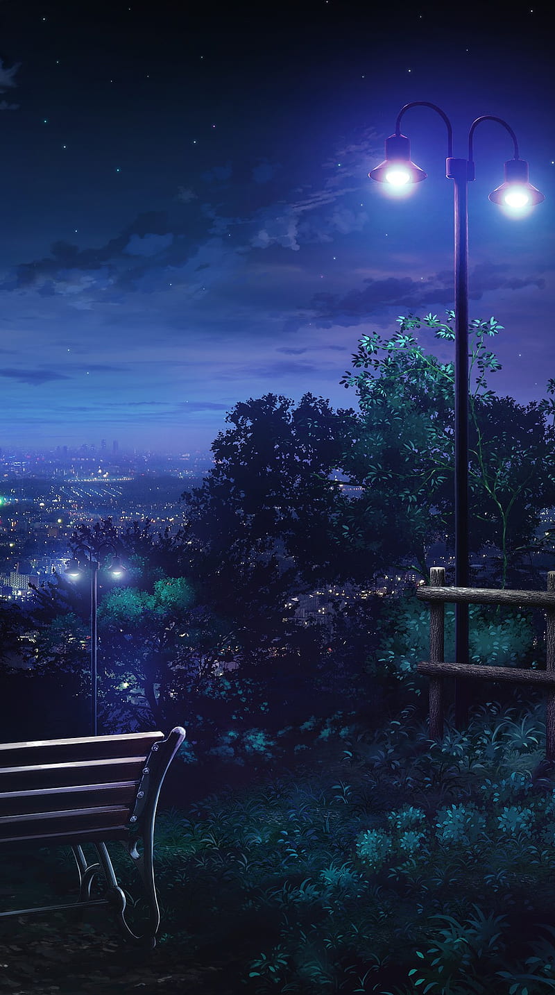 Night sky lights, bench, blue, chill, light, park, HD phone wallpaper