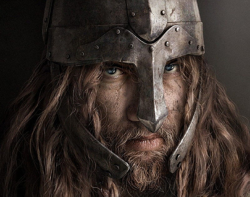 Viking Warrior, Long hair, Helmet, Blue Eyes, Scars, Beard, HD wallpaper