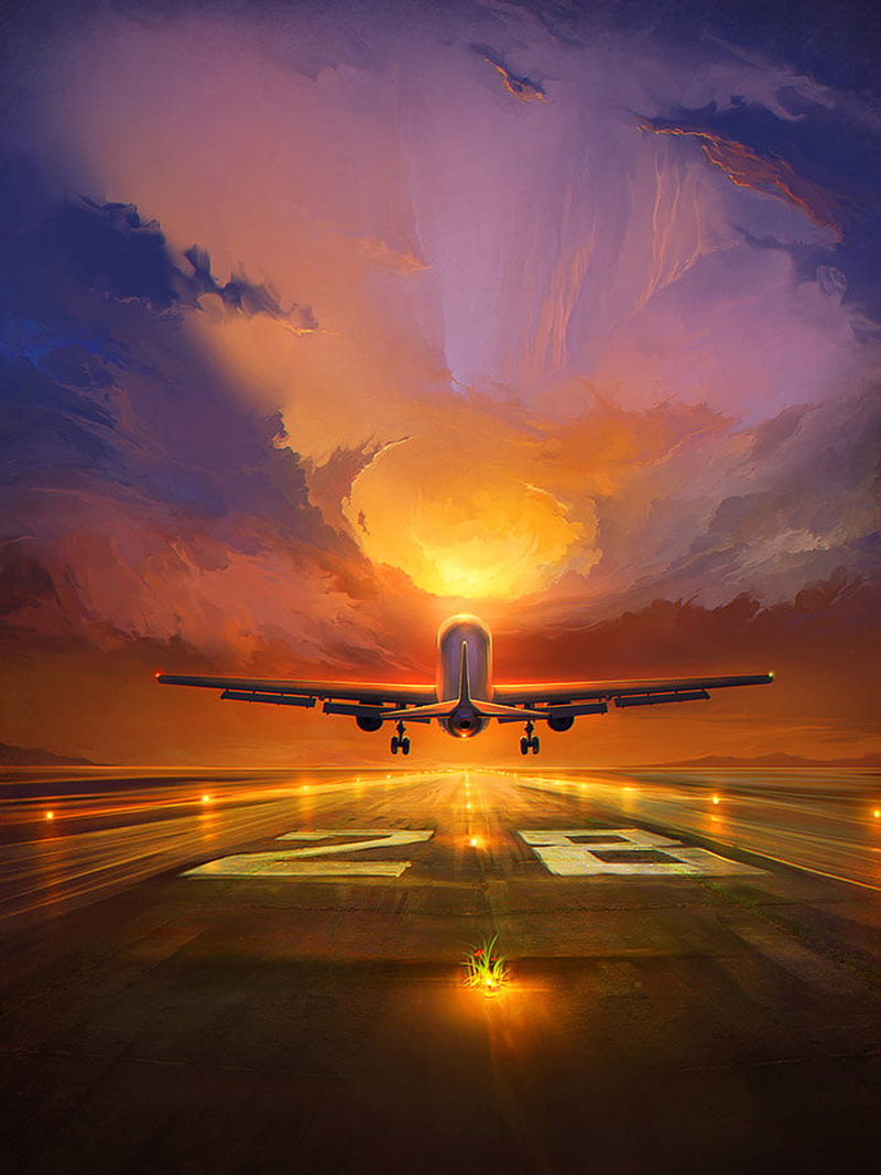 Taking Off, air, fly, airplane, evining, dream, painting, runway, HD phone wallpaper