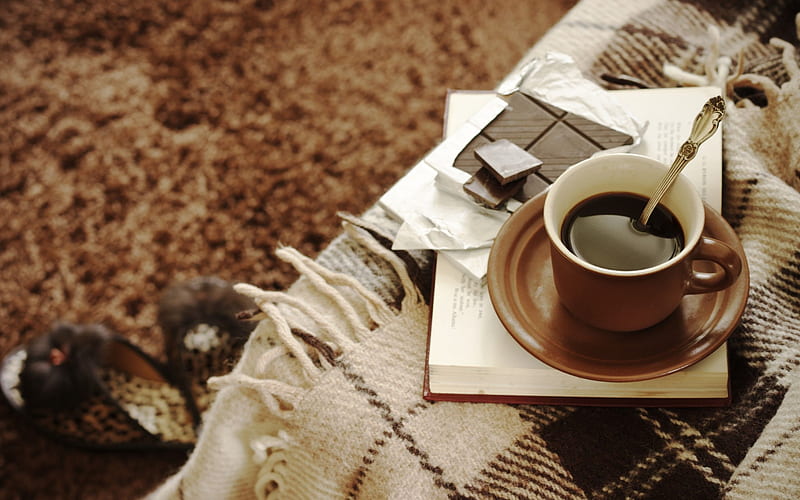 plaid, book, a cup of coffee, comfort, HD wallpaper