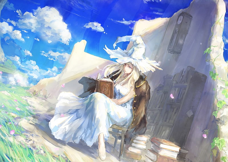 Memories of the white Witch, pretty, witch, grass, ruins, book, bonito, woman, clouds, sweet, anime, cape, beauty, anime girl, art, female, lovely, sky, hat, memories, cute, girl, lady, white, HD wallpaper