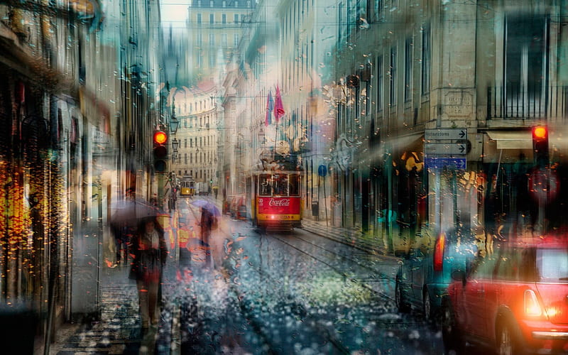 lisbon, street, rain, tram, portugal, HD wallpaper