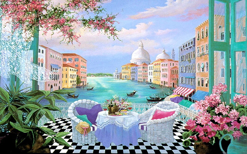 VENETIAN AFTERNOON, colorful, afternoon, boats, cottages, water, flowers, venetian, HD wallpaper