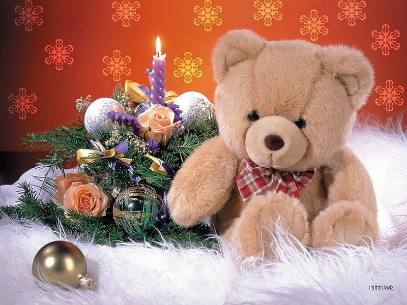 Christmas teddy, orange, teddy, magic, xmas, lights, gold, bear toy, love, beauty, candle, lovely, holiday, christmas, holliday, golden, toy, gift, merry christmas, balls, purple, globes, white, red, holidays, bear, toy bear, still life, flame, ball, light, happy new year, candles, hollidayes, HD wallpaper