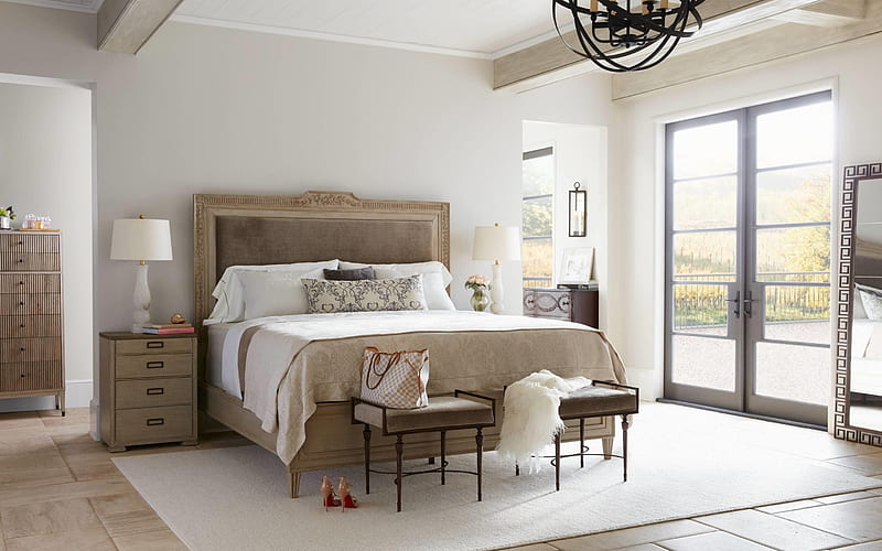 bedroom interior, classic style, king size bed, beige light bedroom, interior design, HD wallpaper