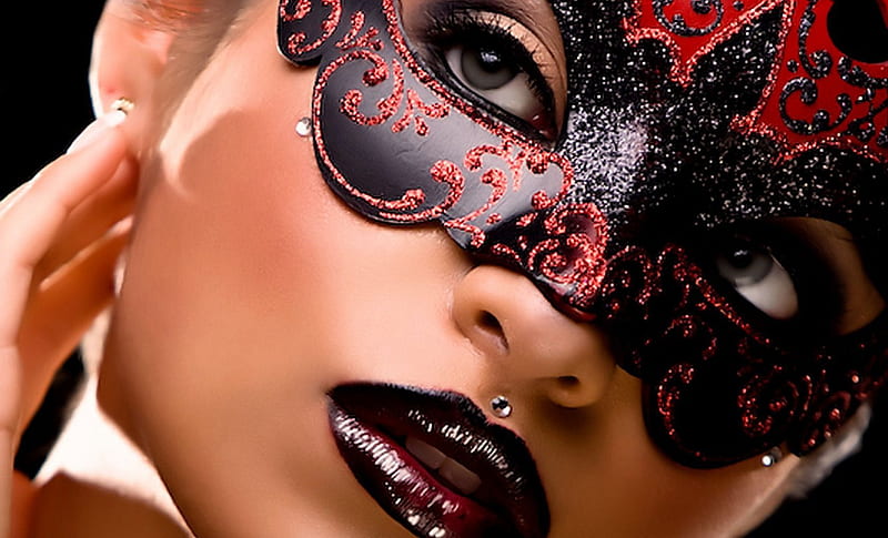 The mask, red, masquerade, fantasy, girl, model, glitter, mask, lips, HD wallpaper