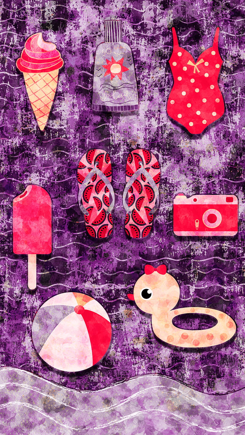Summer Purple and Red, Koteto, Summer, purple, summer; flip flop; ice cream; sunscreen; camera; cute; violet, HD phone wallpaper