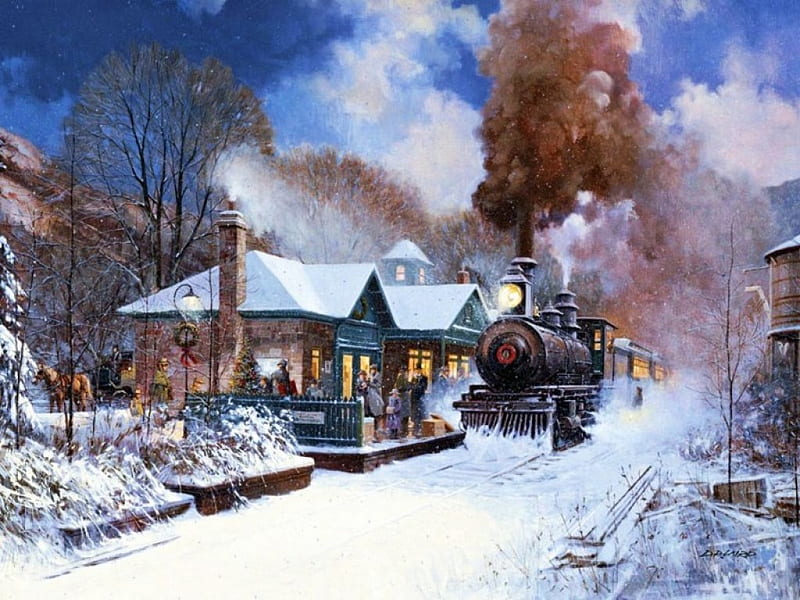 Train Station, locomotive, snow, painting, steam, railways, artwork, winter, HD wallpaper