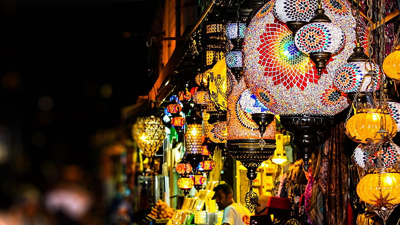 colorful lanterns, vendor, night, shopping, City, HD wallpaper
