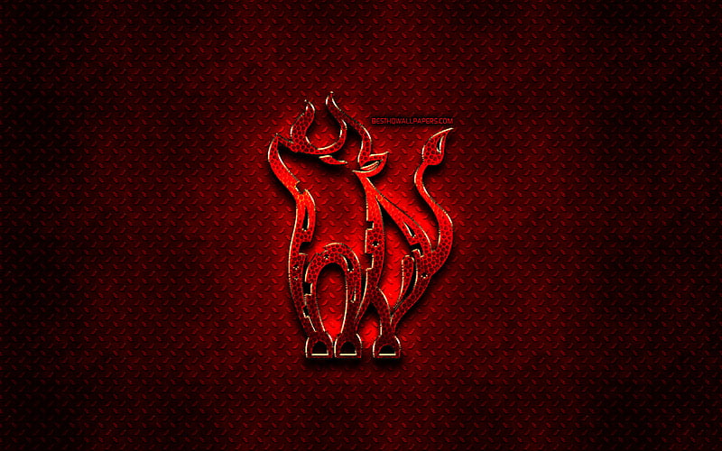 Ox, red animals signs, chinese zodiac, Chinese calendar, Ox zodiac sign, red metal background, Chinese Zodiac Signs, animals, creative, Ox zodiac, HD wallpaper
