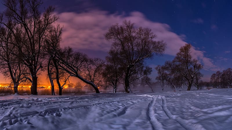 Landscape, Winter, Nature, Sunset, Snow, Light, Tree, Evening, HD wallpaper