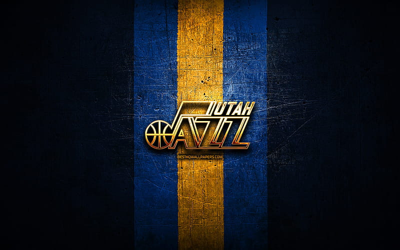 Utah Jazz, golden logo, NBA, blue metal background, american basketball club, Utah Jazz logo, basketball, USA, HD wallpaper