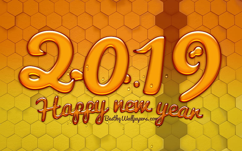 2019 year, honey digits, creative, 2019 concepts, hexagons background, abstract art, Happy New Year 2019, HD wallpaper