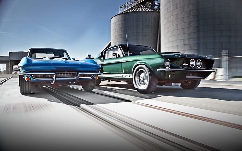 1967 Shelby GT500 Vs. 1967 Corvette Stingray 427, corvette, muscle, old, american, mustang, green, car, shelby, 427, classic, muscle car, blue, fast, 67, vette, 1967, gt500, made in the usa, HD wallpaper