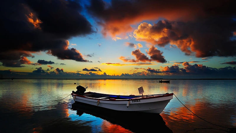 Peaceful Sunset, boats, nature, sunset, reflection, clouds, sky, lake, HD wallpaper