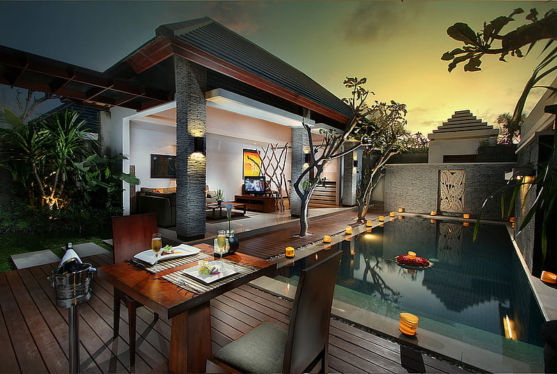 Bali, dinner, architecture, pretty, house, interior, sunset, modern, nice, calm, exterior, drink, beauty, luxury, harmony, cozy, lovely, romance, holiday, food, pool, palms, cool, porch, garden, champagne, style, home, bonito, villa, graphy, vacation, desenho, elegantly, candles, peaceful, HD wallpaper