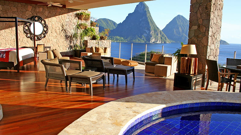 Fabulous View, sofas, view, mountains, couch, swimming pool, fabulous, bed, sea, HD wallpaper