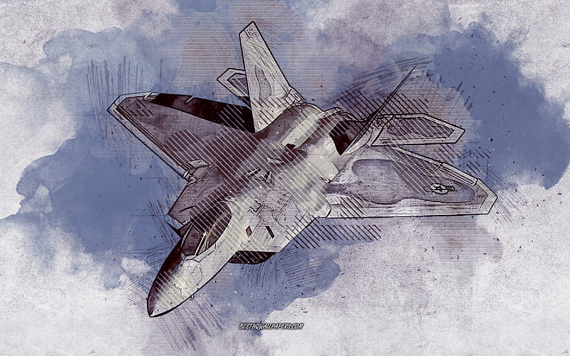 F-22, grunge art, creative art, painted F-22, drawing, F-22 abstraction, digital art, Boeing F-22 Raptor, US Air Force, Airplane Drawings, HD wallpaper