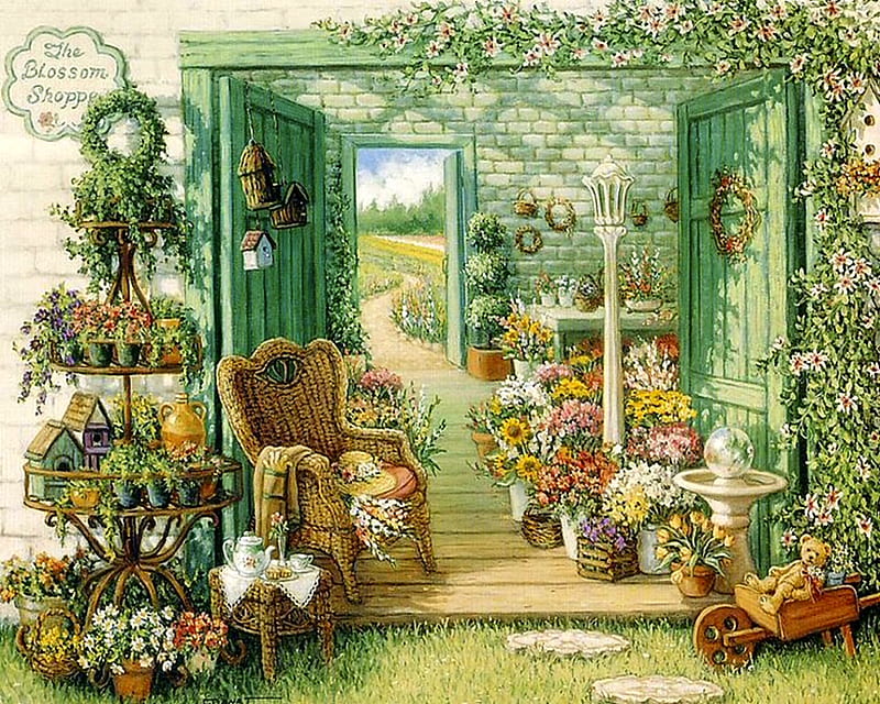 The blossom shop, shop, teddy, bear, tea door, blossom, fields, way, chair, paint, spring, plants, birdhouse, flower, garden, nature, HD wallpaper