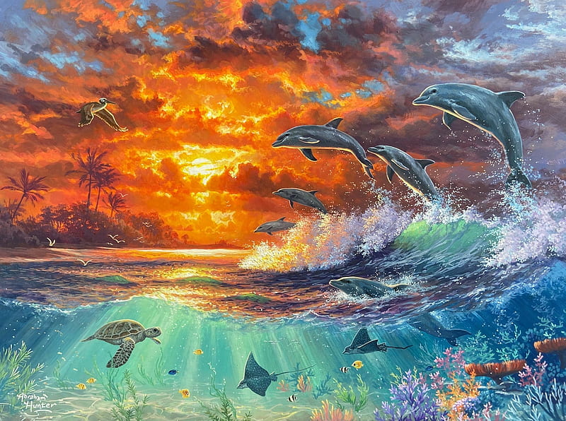 Beyond the shore, pelican, dolphins, rays, painting, sunset, turtle, palms, artwork, HD wallpaper