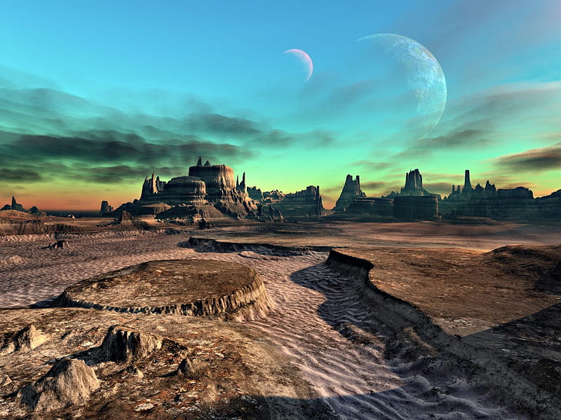 dry river bed, rock formations, moon, sand, planet, shadows, blue sky, clouds, HD wallpaper