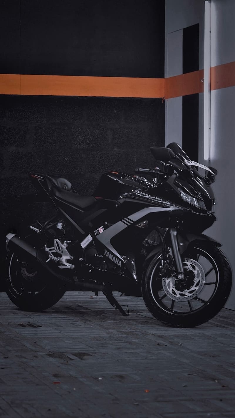 Yamaha R15, Black Bike, parked bike, HD phone wallpaper