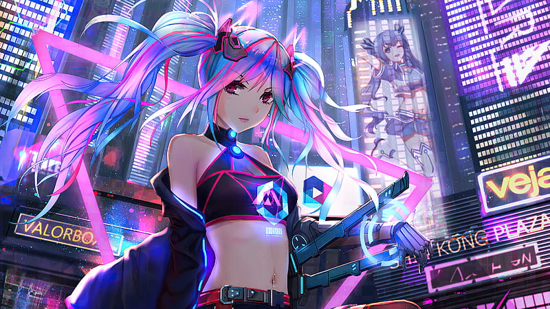 Anime Cyber Girl Neon City, artist, artwork, anime, cyberpunk, neon, artist, artstation, HD wallpaper